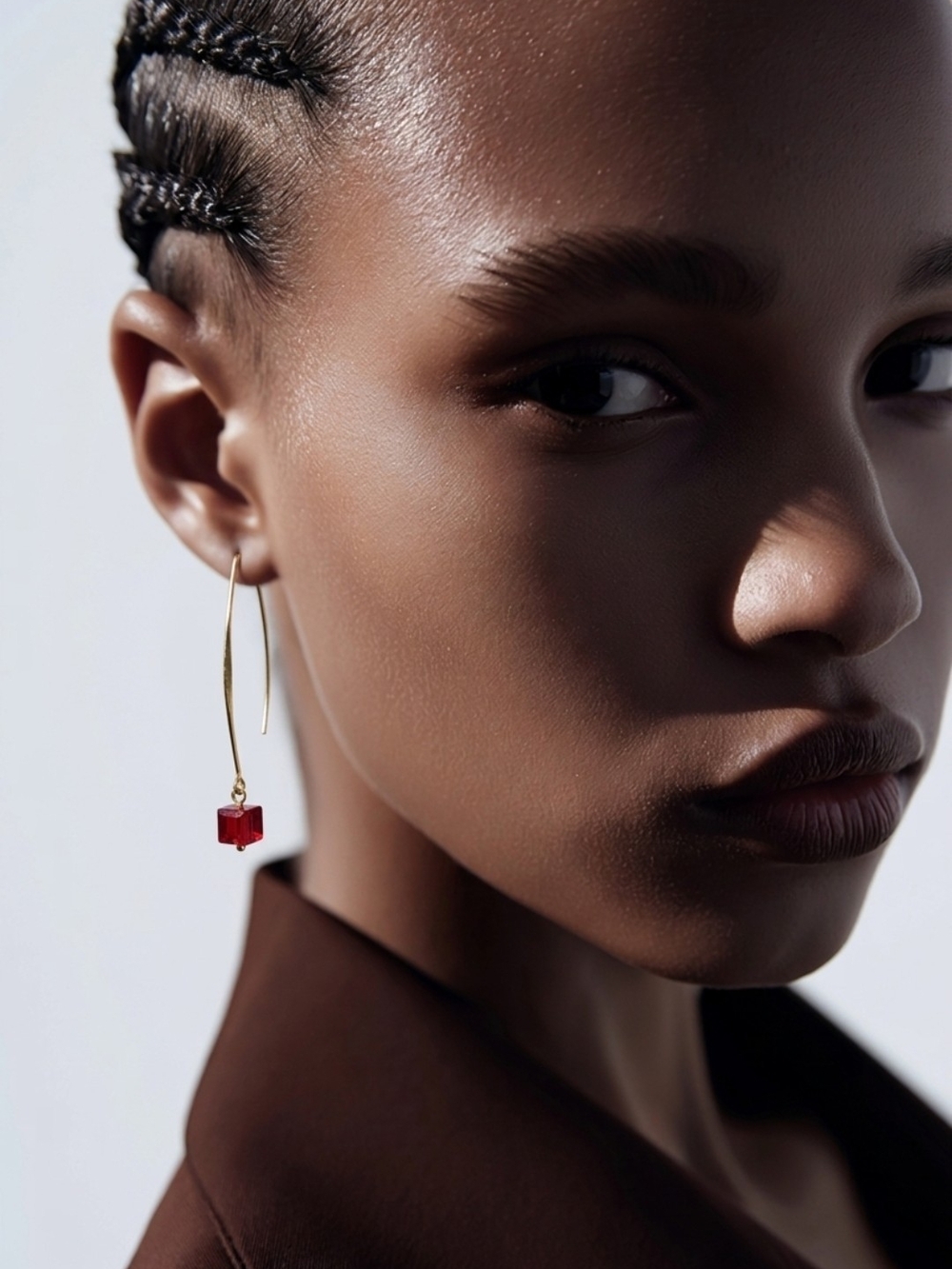 Hand Crafted Gold Drop Earrings with Red Cube Accent - Women Jewelry